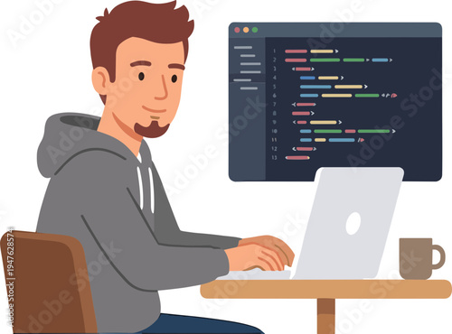 A man works on a laptop with coding on the monitor at a desk.