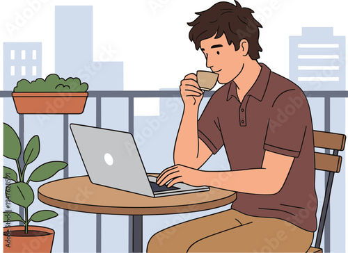 Man working on laptop at balcony with city view and plants