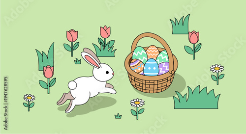 A charming illustration of a white Easter bunny hopping through a vibrant green field adorned with blooming tulips and daisies, alongside a basket filled with beautifully decorated eggs.