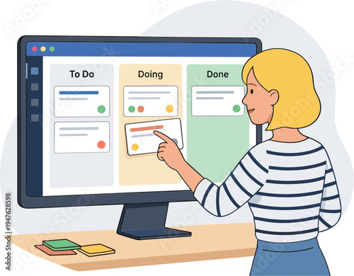 Woman pointing at a Kanban board on a computer screen in an office