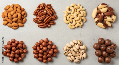 Top view of assorted healthy nuts in neat circular piles including almonds walnuts cashews and pistachios for vegan nutrition