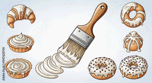 Sweet treats and baking inspiration a paintbrush dripping with icing over a variety of pastries and donuts
