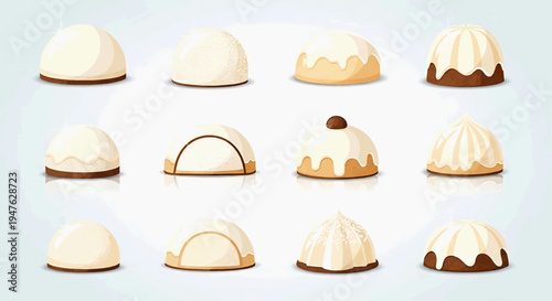 A charming vector illustration set featuring a delectable assortment of white chocolate bonbons and creamy confectionery desserts, perfect for sweet treat menus or culinary graphic designs