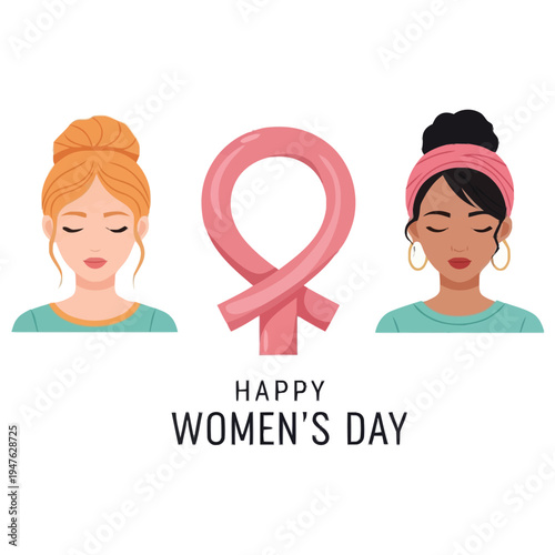 Celebrating female diversity and empowerment with stylized portraits and a pink ribbon symbol for women supporting women events and awareness