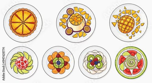 A vibrant collection of fruit-based desserts, artfully arranged on circular plates for a visually appealing display