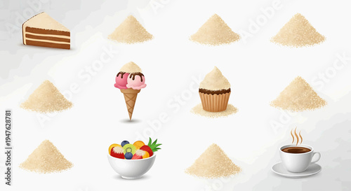 Collection of sweet treats and ingredients, including cake, ice cream, cupcake, fruit salad, and coffee