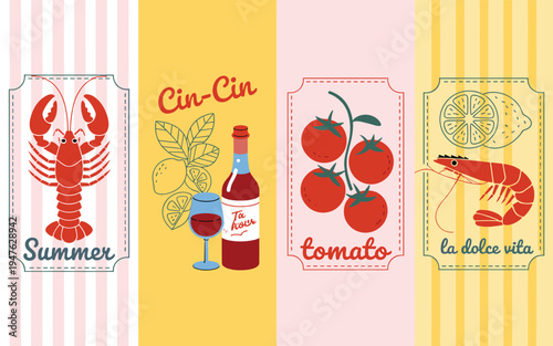 Four summer themed with lobster tomato and cocktail