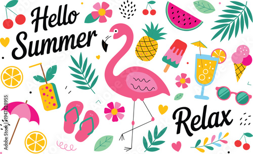 Pink flamingo summer with tropical fruits and drinks