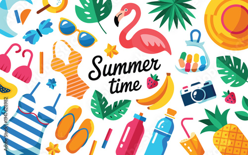 Colorful summer time with tropical and flamingo pineapple