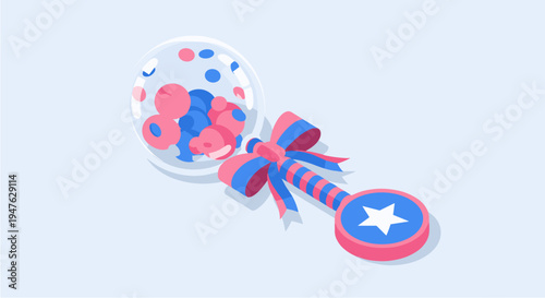 Charming baby rattle illustration featuring pink and blue confetti, a decorative bow, and a star emblem, perfect for infant-related designs.