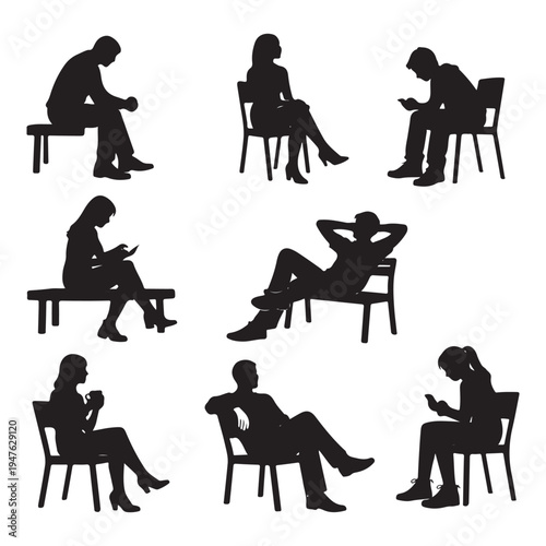 Silhouettes of Men, Women, and Teenagers Sitting on Benches and Chairs