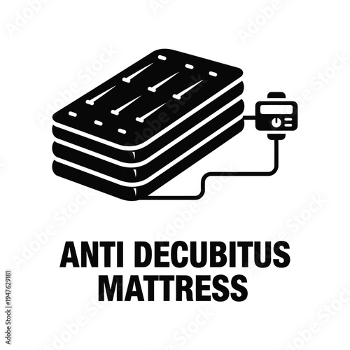 A black and white graphic depicts an anti decubitus mattress with an inflation pump connected via a hose high quality professional detailed modern elegant stylish