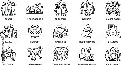 Large set of community and social impact line icons showing people, family, support, and shared goals