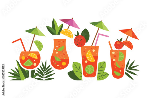 Colorful tropical drinks with fruit and umbrellas orange