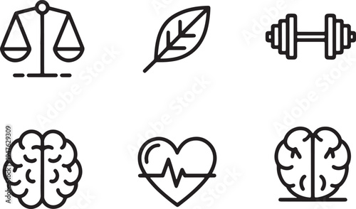 Vector illustration Health and wellness icons vector set with scales, leaf, dumbbell, brain, and heart monitor