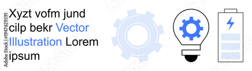 Innovation, energy, industrial design, technology, creative thinking, renewable energy. Gear, light bulb with gear inside and battery icon. Innovation and energy concept