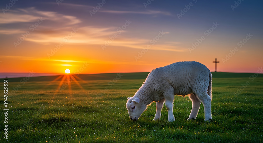 Fototapeta premium Pastoral scene with white lamb and religious cross on a hill