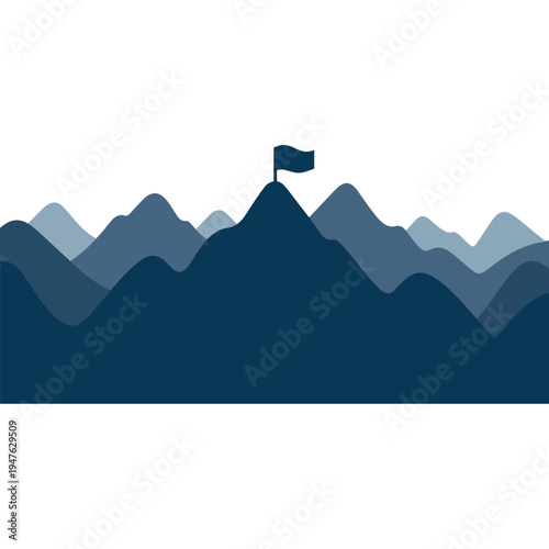 Vector illustration Mountain landscape with flag on peak, simple minimalistic design, concept of success and achievement