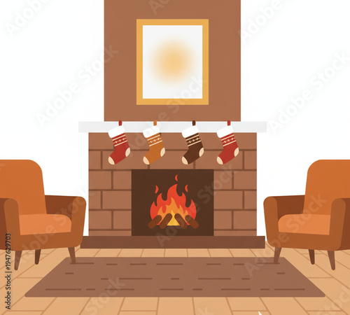 Contemporary living room interior design featuring a luxury sofa and armchair near a wood fireplace in a modern apartment house with elegant decor