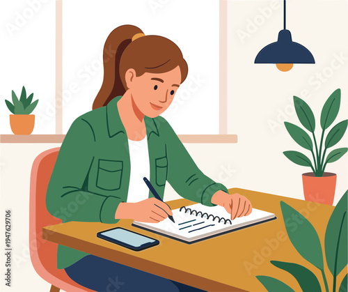 Woman sitting at a desk writing in a notebook with plants nearby indoors