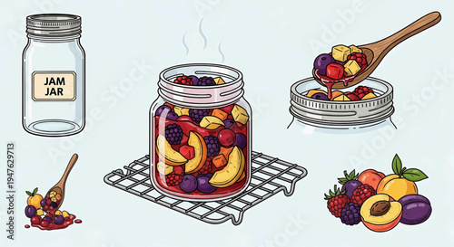 Homemade Fruit Jam Making Process Illustration A Step-by-Step Guide to Crafting Delicious Preserves with Fresh Berries and Stone Fruits in Glass Jars for Healthy Living