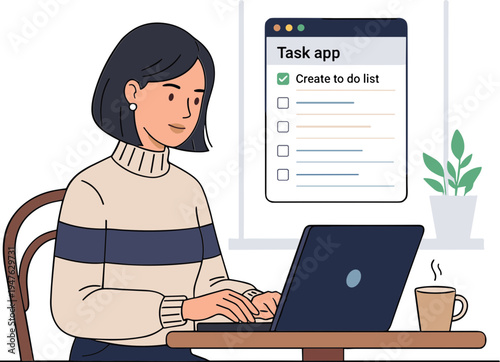 Woman working on laptop with task app and coffee on table indoors