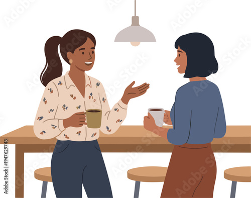 Two women chatting over coffee at a wooden table indoors