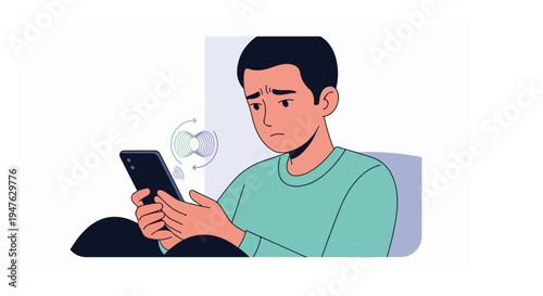 Sad Man Looking at Smartphone with Signal Waves - Digital Anxiety and Technology Stress Concept