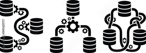 Data migration and ETL processing icons, database architecture diagram, solid black silhouette, cylinder server symbols with gears and pipelines and automated data flow. 