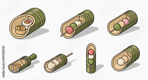 Delightful Japanese Dango and Traditional Snacks Artfully Presented in Isometric Bamboo Containers, Capturing Culinary Culture and Simplicity in Vector Graphics