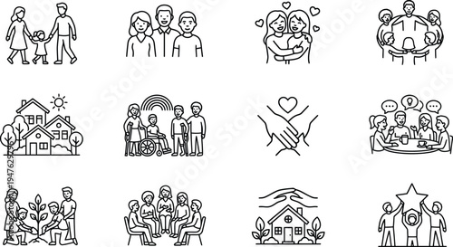 Set of people and community line icons featuring family, neighborhood, inclusion, and support concepts