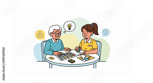 Senior Woman and Nurse Doing Brain Exercises - Elderly Cognitive Care Vector