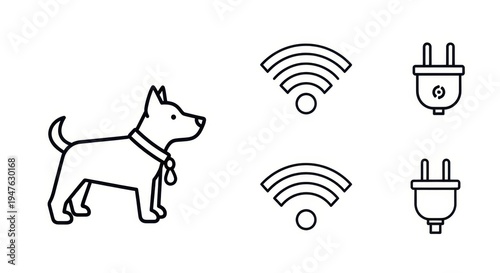 Smart home technology concept with dog, wifi, and power plug icons.