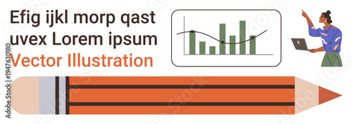 Education, data analysis, creative writing, business presentation, learning tools, infographic design. Businesswoman pointing at a graph with pencil illustration. Education and data analysis concept