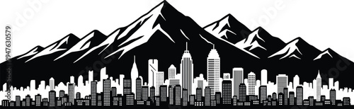 Stylized black and white cityscape with sharp mountain peaks in the background skyline mountains
