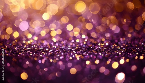 A vibrant and colorful abstract background with purple and gold bokeh lights and glitter