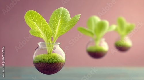 Floating plants in glass spheres with blurred background