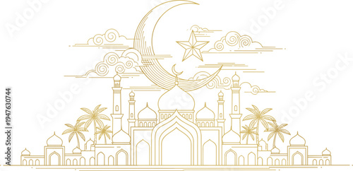 Golden mosque with crescent moon, star, palm trees, clouds, ornate Islamic celebration artwork design
