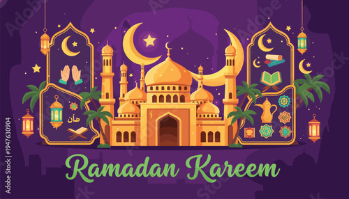 Golden mosque with lanterns, crescents, stars, ornate frames, Ramadan Kareem festive Islamic celebration artwork