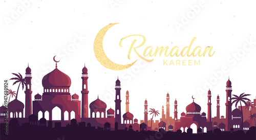Ramadan Kareem cityscape with domes, minarets, palm trees, patterned crescent moon, festive Islamic artwork