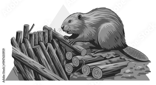 A detailed grayscale illustration captures a busy beaver diligently constructing its intricate dam from carefully selected logs and branches.