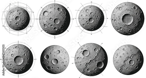 Detailed Moon Surface Phases and Crater Texture Collection with Astronomical Diagrams Scientific Lunar Illustration Set fMoon Surface Phases and Crater Texture Collection with Astronomical 