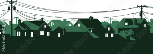 Suburban Neighborhood Silhouette with Houses and Power Lines homes