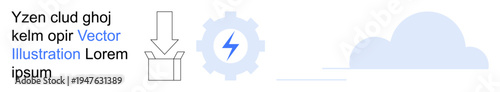 Cloud computing, data storage, digital tools, software updates, cloud solutions, technology icons. Gear with lightning bolt, cloud shape and download arrow. Cloud computing and data storage concept