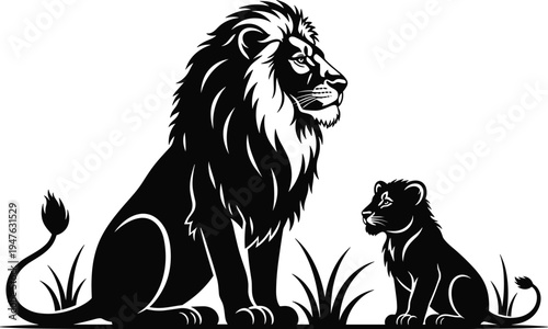 Black and white vector illustration of a majestic male lion standing with two cubs, wildlife family silhouette, isolated on white.