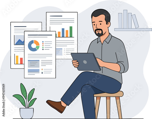 A man sits on a stool analyzing data on his laptop surrounded by charts and graphs in an office.
