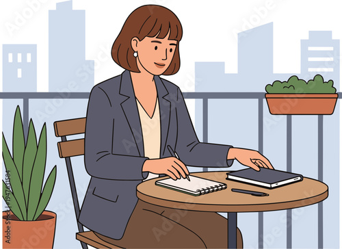 Woman working on laptop at outdoor table with plants and city view