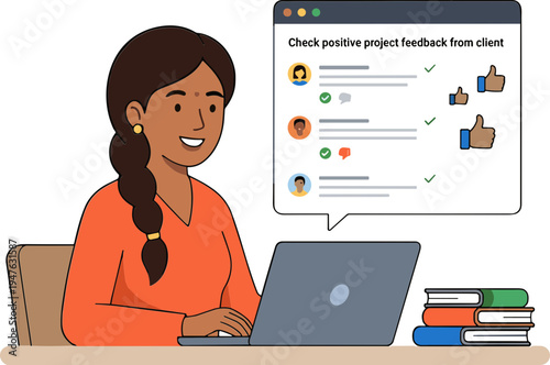 A woman checks positive project feedback on her laptop at a desk.