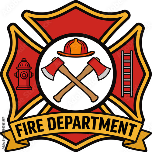Fire Department Maltese Cross Emblem Badge with Crossed Axes, Firefighter Helmet, Fire Hydrant and Ladder — Flat Vector Illustration for Firefighter Logo, Patch, and Emergency Service Design