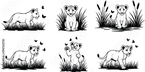 Black and white vector illustration of a howling wolf with moon and forest trees, wild animal silhouette, isolated on white.